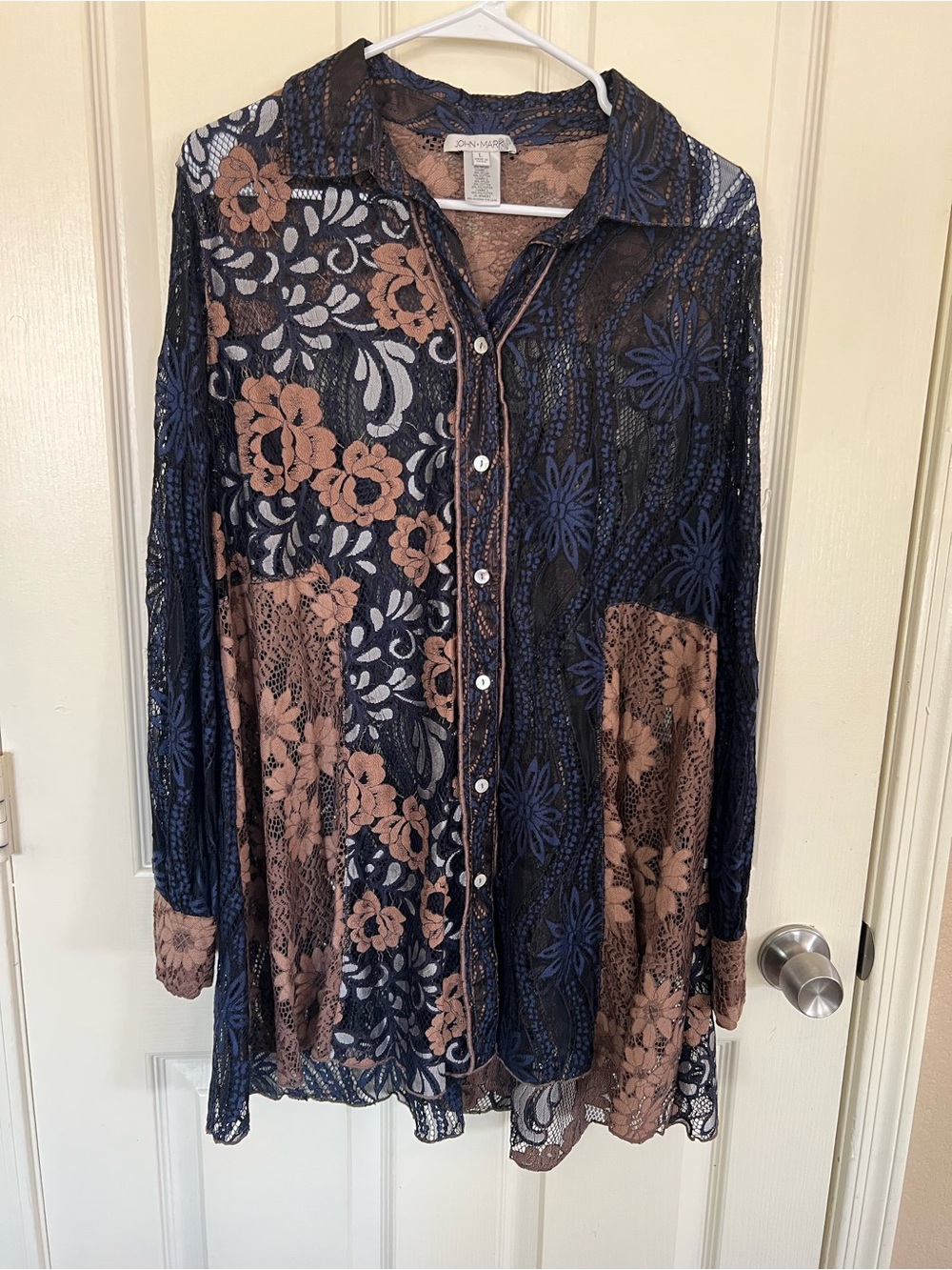 John Mark NWT Patchwork Lace Button Front Tunic Navy Floral Large - Picture 12 of 12